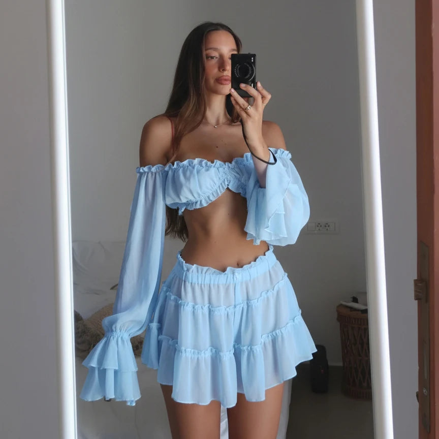 Ruffle Beach Dresses Cover Up Women Bandage Long Sleeve Dress High Waist Beach Cover Ups Summer Bandage Beachwear Dress Clothing