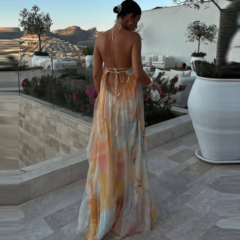 Maelle Printed Backless Halter Maxi Dress