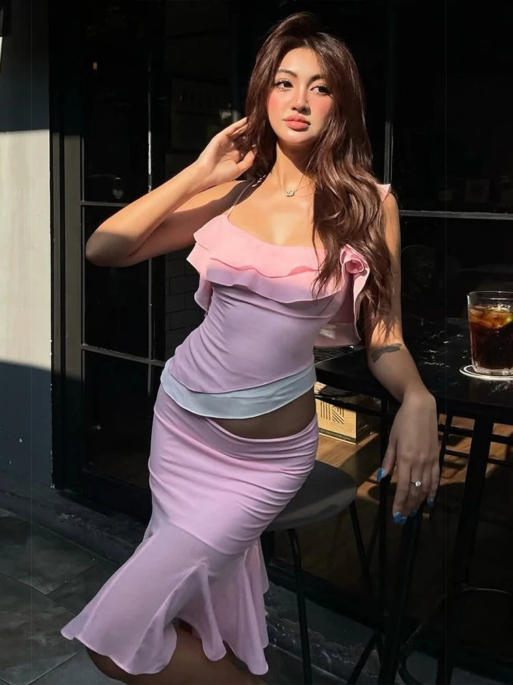 Kliou Ruffles Edge Design 2 Piece Set Woman Summer Trend Low-Neck Backless Irregular Tops+Mid Skirts Street Ruched Elegant Suits