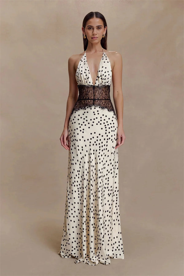 Cecelia Noir Lace Polka Halter Maxi Dress