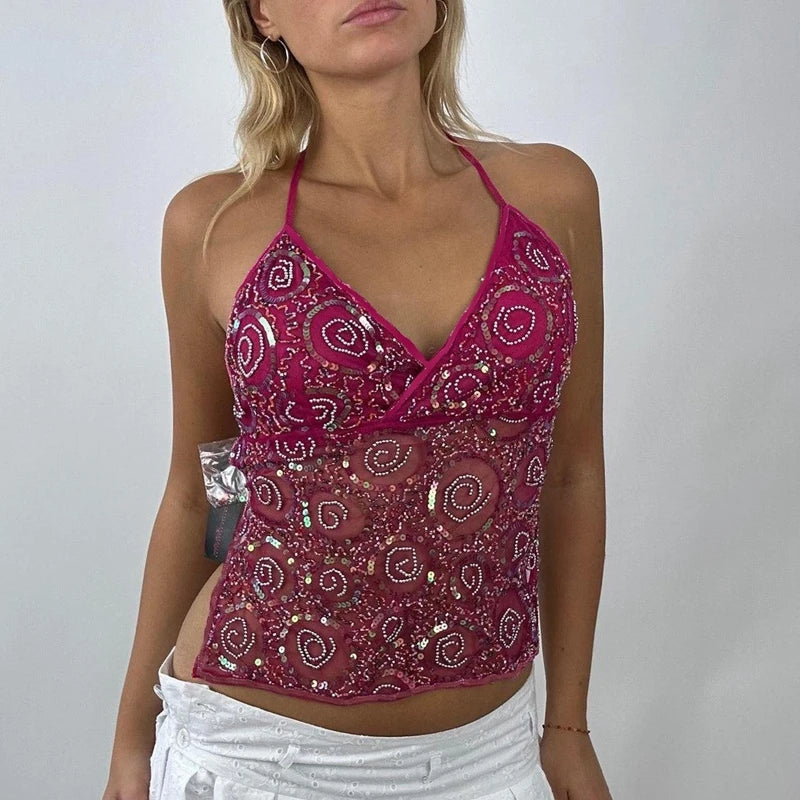 hirigin Women Y2K Sequin Cami Top Pearl Rhinestone Sleeveless Tank Top Sparkle Glitter Backless Crop Top Going Out Streetwear