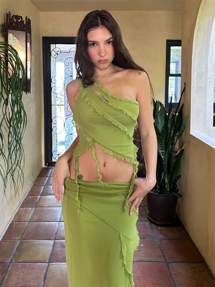 Sampic Ruffles Hollow Out Sleeveless Crop Top And Bodycon Maxi Split Skirt Two Piece Dress Y2K Women Summer Beach Outfits