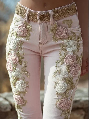 Florence Rose-Embroidered Beaded Denim Pants