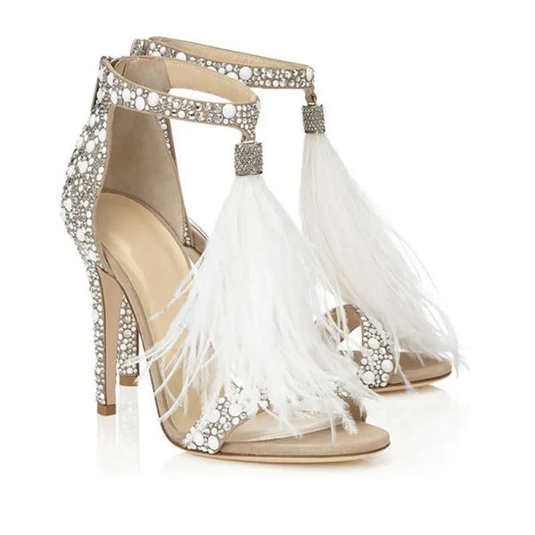 Women Sandals Summer Sexy Pumps Rhinestone Zipper Feather High Heel Apricot Women Wedding Pumps Shoes Size 34-43
