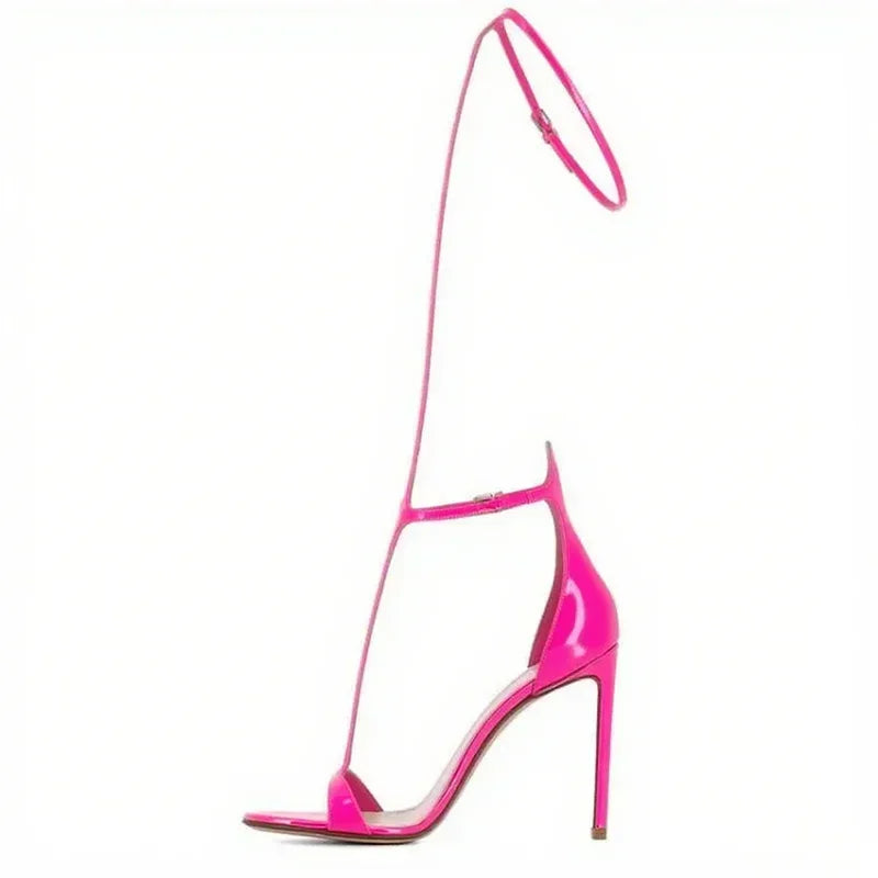 Black T- Strap Cover Heel Sandals Sexy Pointed Toe Matten Leather Ankle Buckle Strap New Arrivals Fashion Women Shoes