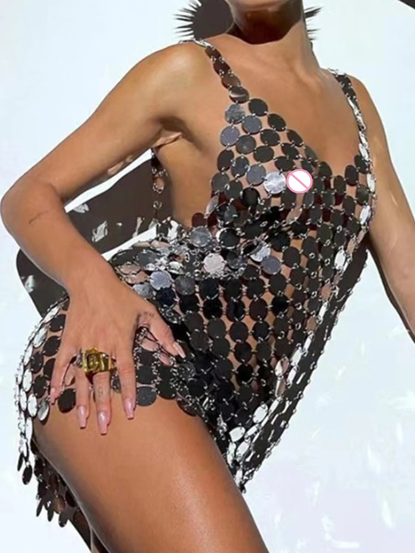 Zoraida Silver Metal Disc Sequin See-Through Backless Lingerie Slip Mini Dress Secondary image