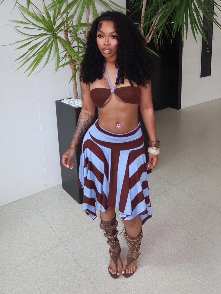 Kliou Beach Sexy Style 3 Piece Set Woman Halter Rope+Wrap Chest Tops+Stripe Patchwork Mid Skirts Summer Holiday Fashion Outfits