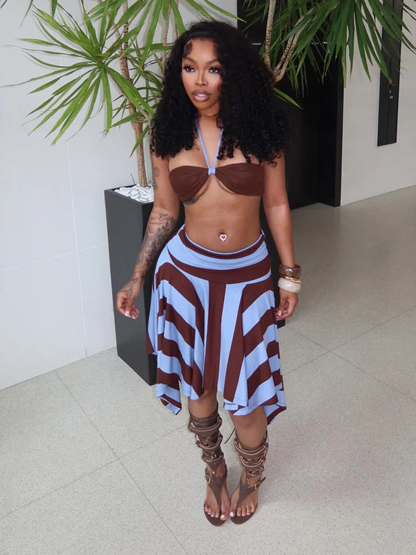 Kliou Beach Sexy Style 3 Piece Set Woman Halter Rope+Wrap Chest Tops+Stripe Patchwork Mid Skirts Summer Holiday Fashion Outfits