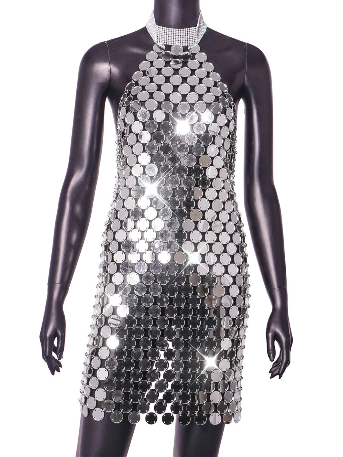 Romilda Silver Metal Sequin Rhinestone-Collar Halter Backless Lingerie Mini Dress Secondary image