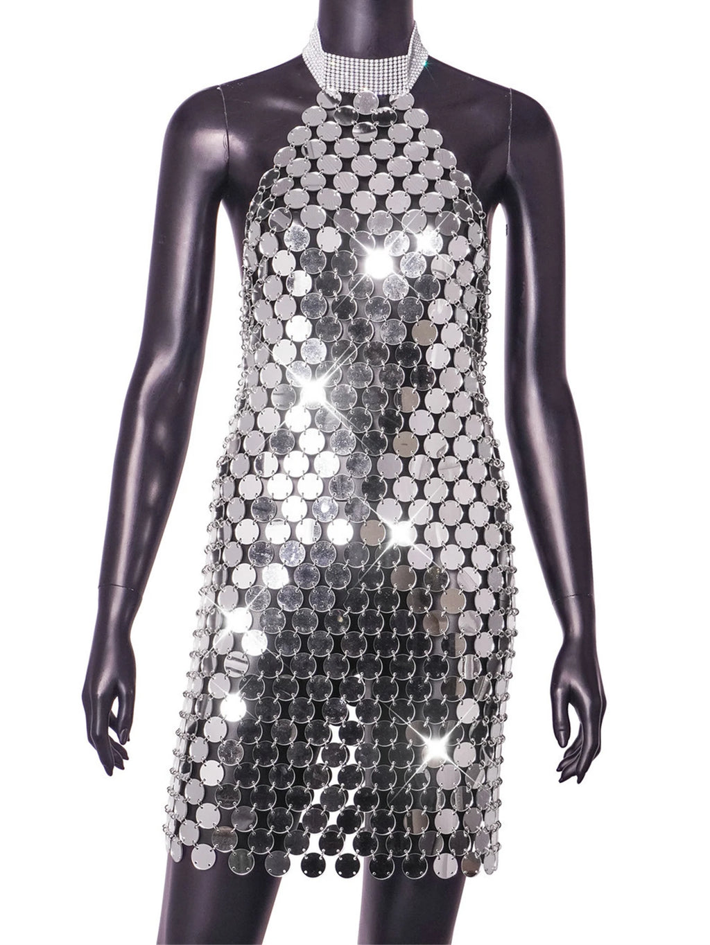 Romilda Silver Metal Sequin Rhinestone-Collar Halter Backless Lingerie Mini Dress