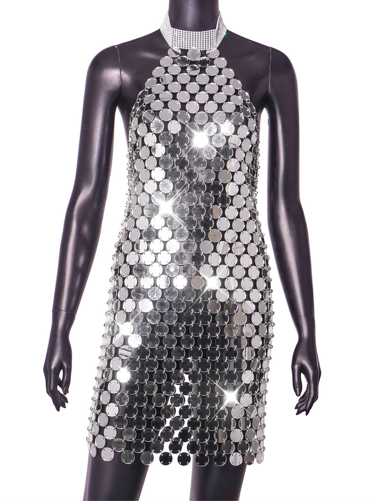 Romilda Silver Metal Sequin Rhinestone-Collar Halter Backless Lingerie Mini Dress