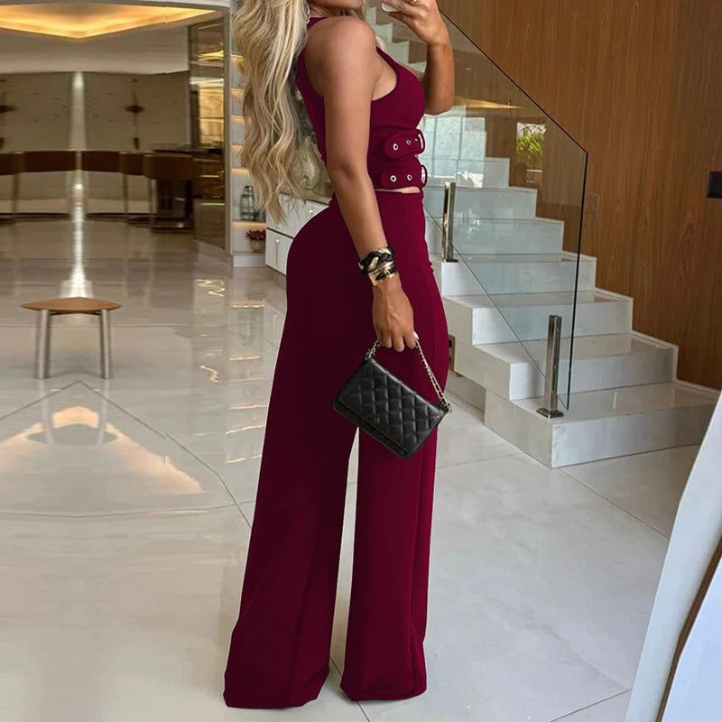 Camilla Cutout Buckle-Belt V-Neck Sleeveless Top & Wide-Leg Pants Two-piece
