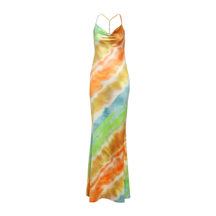 Clothilde Tie-Dye Satin Cowl-Neck Chain-Strap Backless Maxi Dress