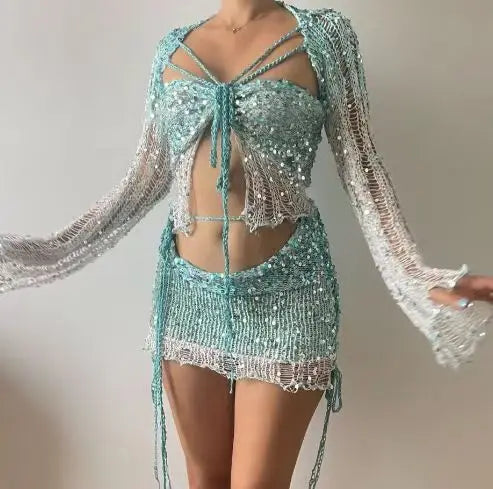 Marisela Sequin Crochet Knit Tie-Front Crop Top & Mini Skirt Two-piece