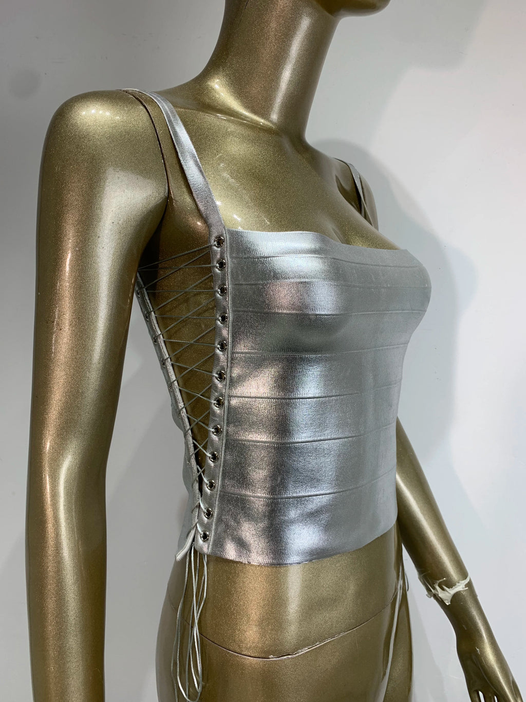 Women Summer Sexy Lacing Bronzing Gold Silver Bodycon Bandage Tops Celebrity Designer Fashion High Street Top