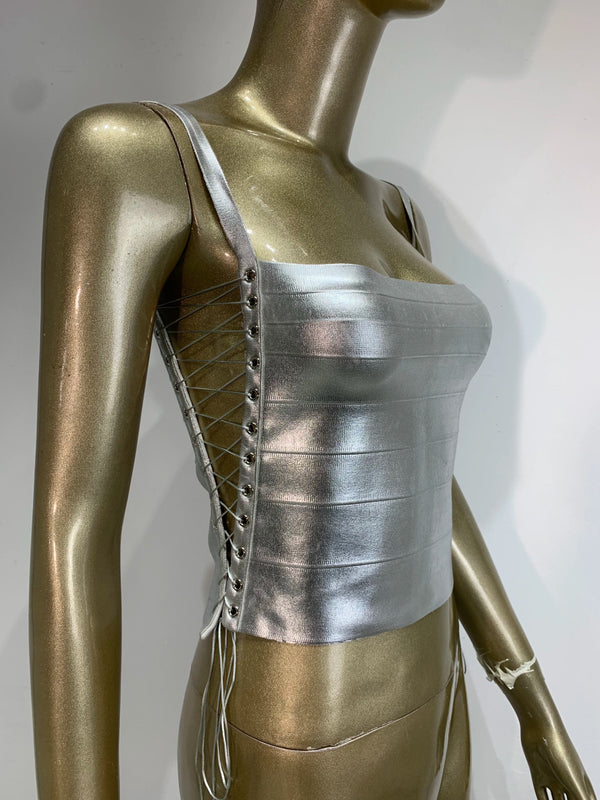 Women Summer Sexy Lacing Bronzing Gold Silver Bodycon Bandage Tops Celebrity Designer Fashion High Street Top