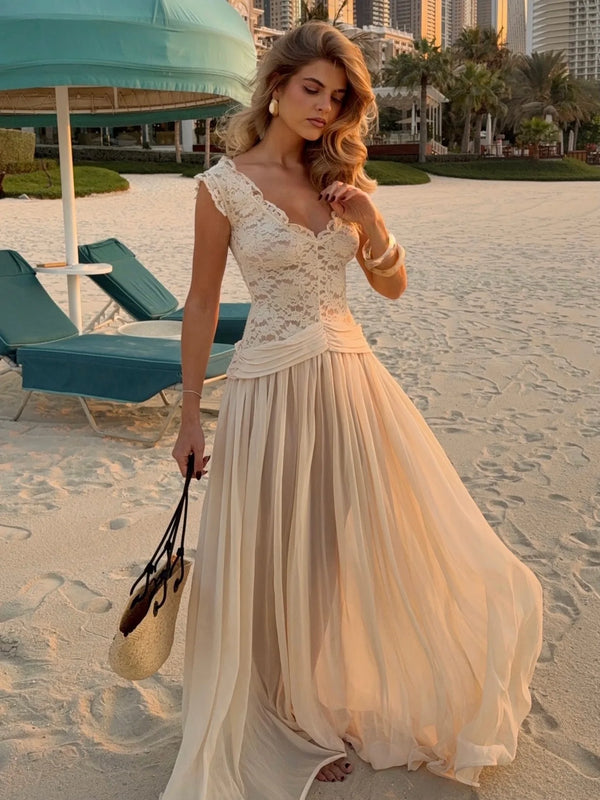 Orsola Lace-Bodice Sheer Mesh Pleated Maxi Dress