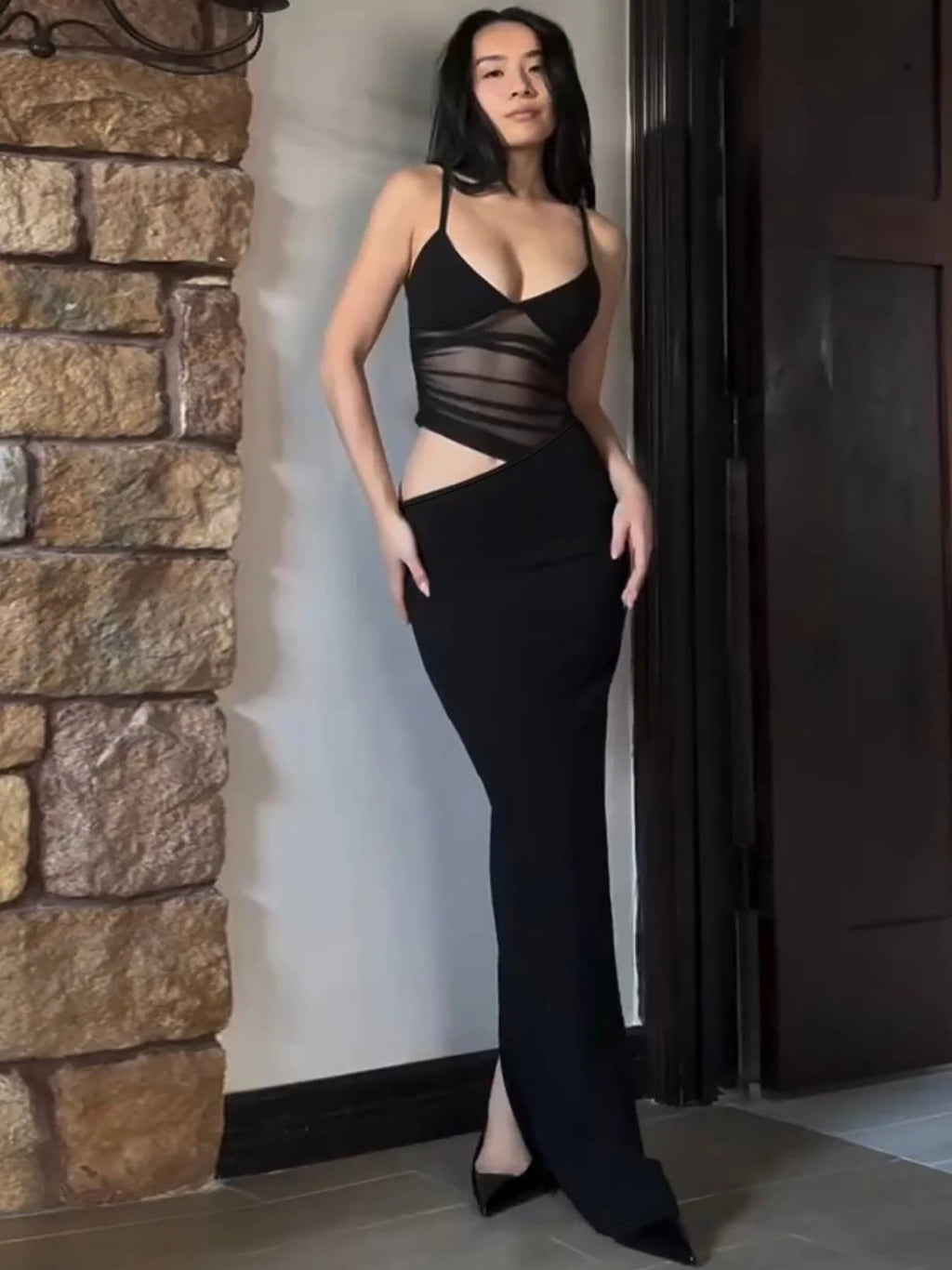 Nocturne Sheer-Mesh Cami Bodycon Maxi Dress