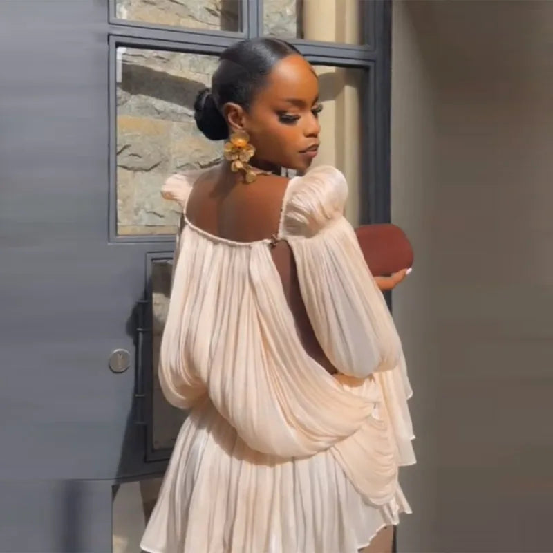 Camellia Satin Puff-Sleeve Pleated Mini Dress