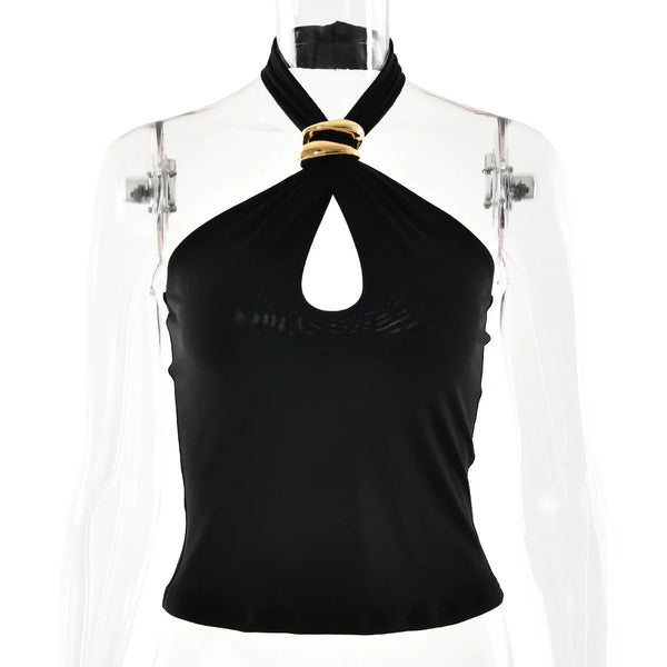 Liora Black Gold Buckle Cutout Halter One-piece