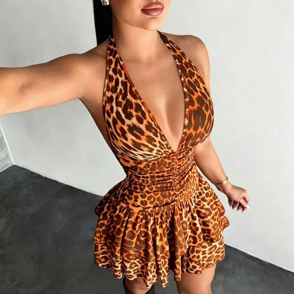 Yesenia Leopard Halter Plunge Ruffle Mini Dress