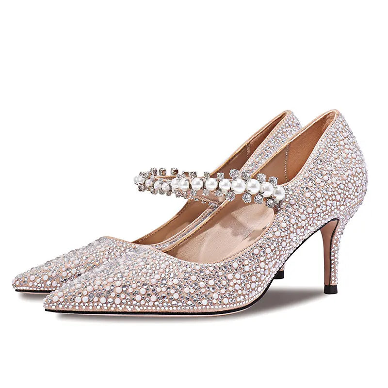 Hot Rhinestone Pointed High Heels New Single Shoes Women's Pumps Bridesmaid Rhinestone Crystal Pearl Retro Wedding Shoes