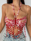 Sexy see through metal rhinestone crop top women summer beach party tops woman cropped halter tank top hotwife club rave oufit