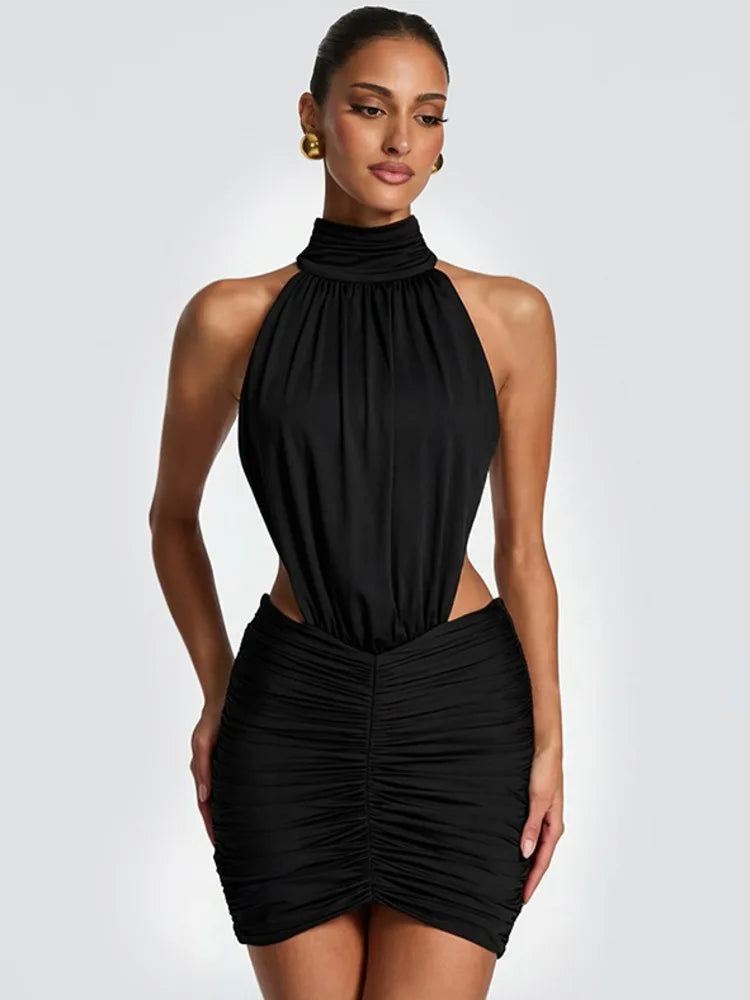 Marcella High-Neck Ruched Backless Mini Dress