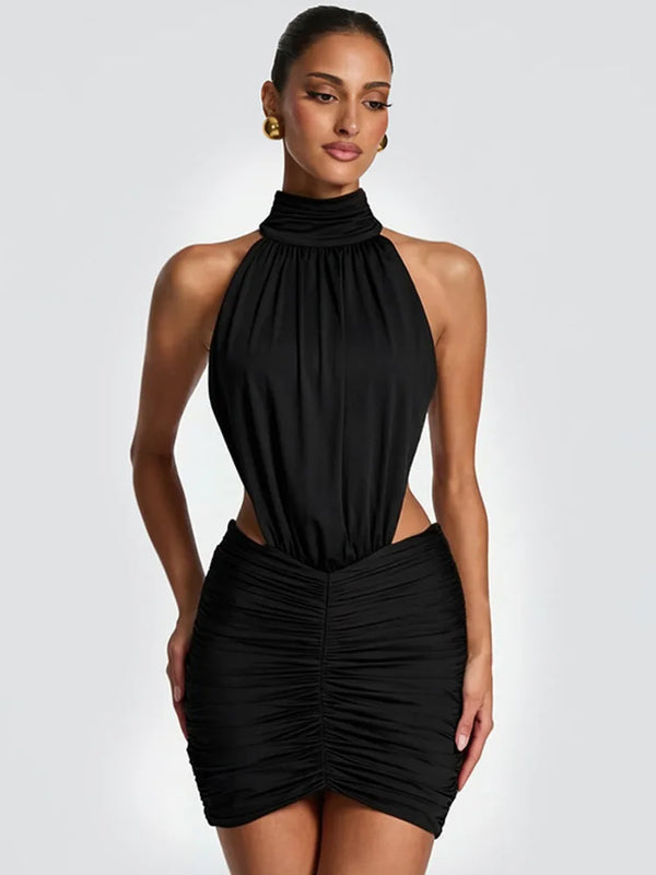 Marcella High-Neck Ruched Backless Mini Dress