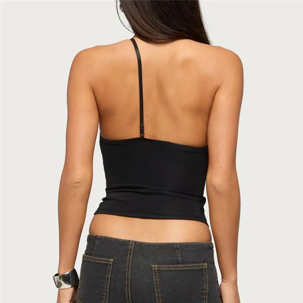 Zara Lace Asymmetric Halter V-Neck Cutout Crop Cami Top
