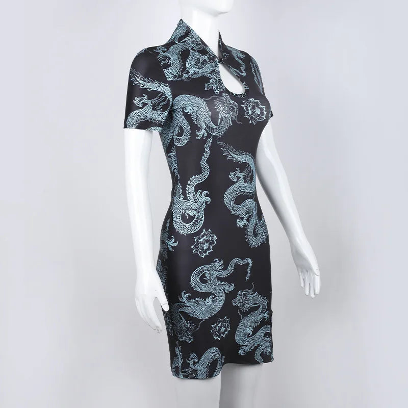 Xiaolan Dragon Print Keyhole Mandarin-Collar Qipao Bodycon Mini Dress