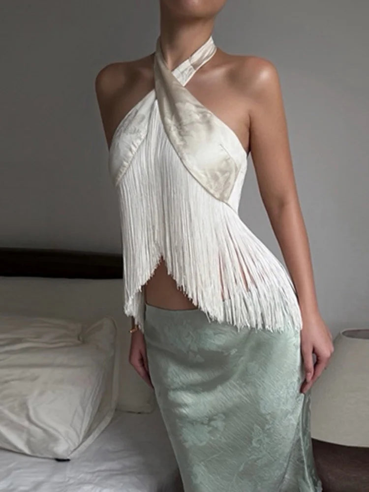 Esperanza Satin Fringe Cross-Wrap Halter Backless Crop Top One-piece