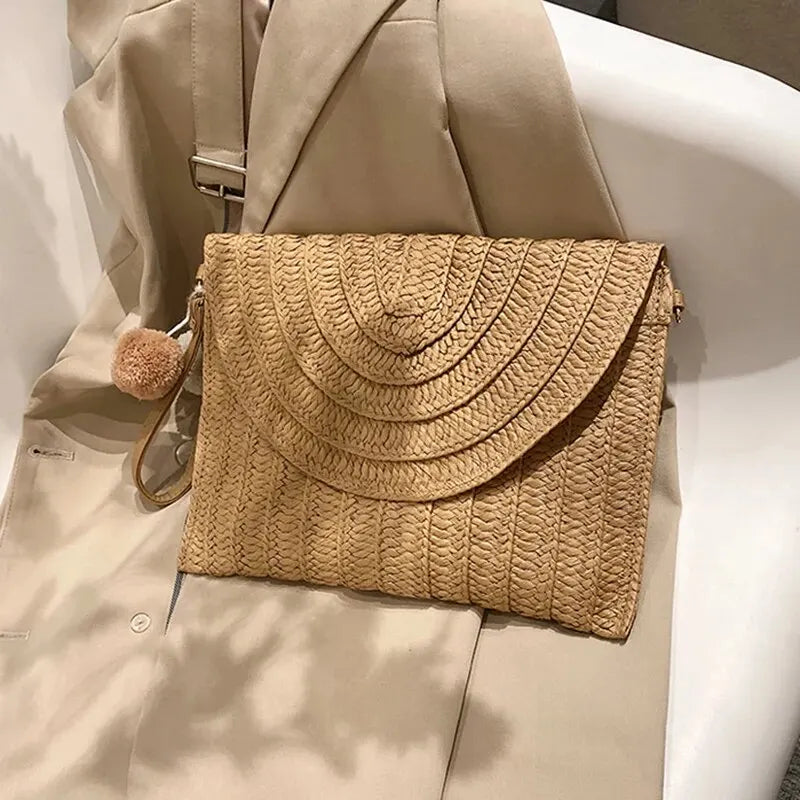 Soleil Woven Straw Envelope Crossbody Bag