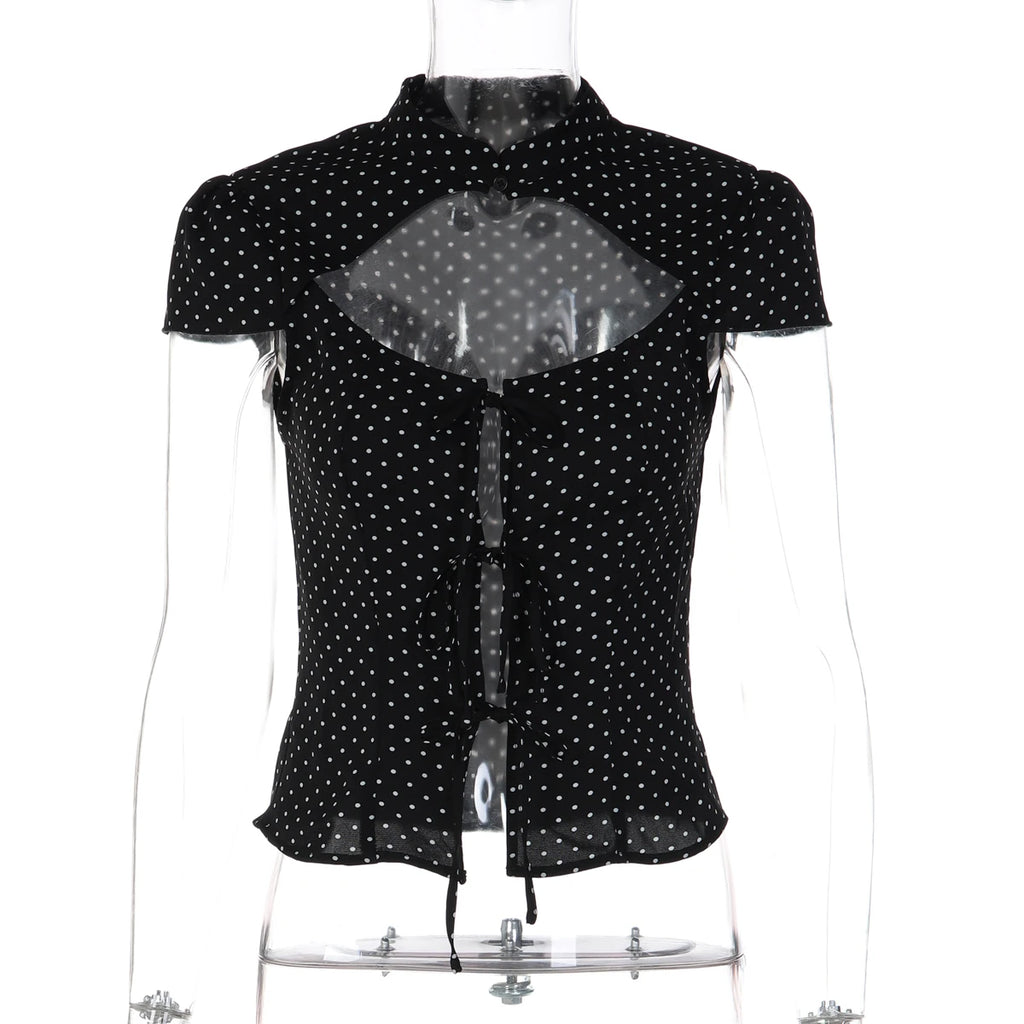 Dulzura Women'S Sexy Hollow Out Short Sleeve Lace Up Polka Dot T-Shirt Vintage Casual Y2K Top Party Club Street Summer Clothes