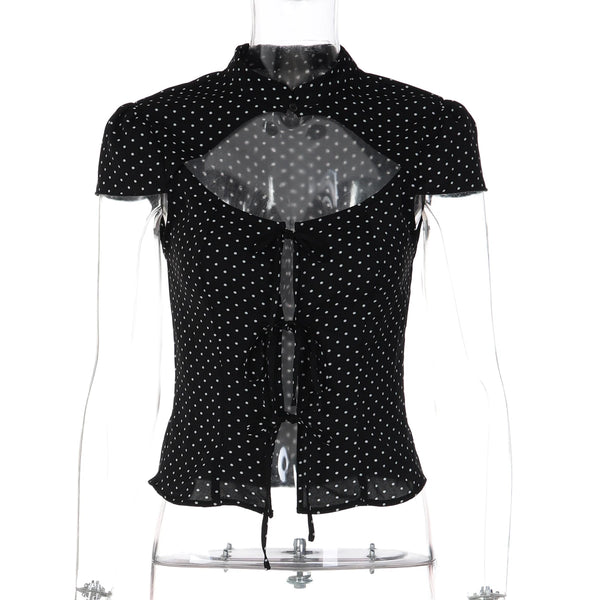 Dulzura Women'S Sexy Hollow Out Short Sleeve Lace Up Polka Dot T-Shirt Vintage Casual Y2K Top Party Club Street Summer Clothes