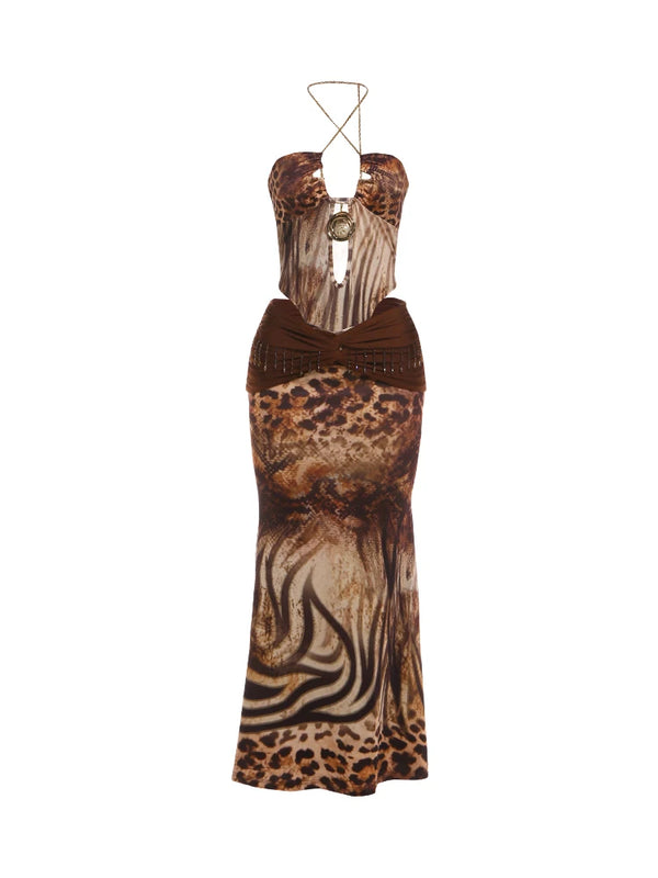 Kliou Sexy Fashion 2 Piece Set Woman Leopard Print Metal Chain Halter Backless Skinny Bodysuit+Tassel Long Skirt Wild Style Suit
