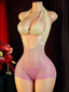Amaryllis Rhinestone Halter Bra & Pink Fishnet Romper Lingerie Three-piece
