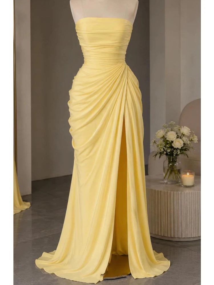 Elise Strapless Pleated Slit Maxi Dress
