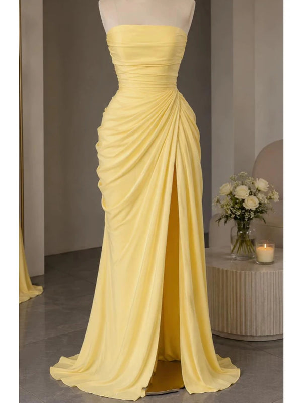 Elise Strapless Pleated Slit Maxi Dress