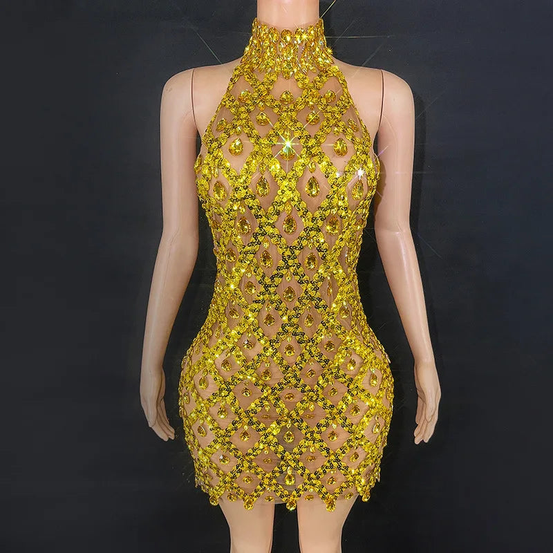 Selena Crystal Sheer Bodycon Halter Mini Dress