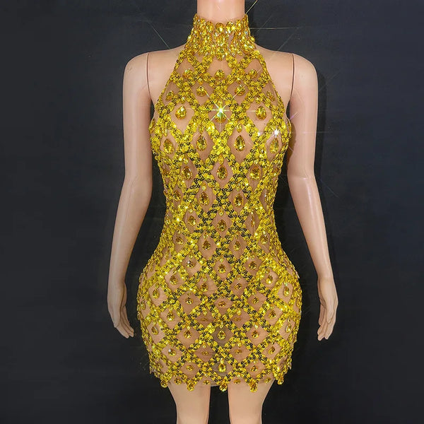 Selena Crystal Sheer Bodycon Halter Mini Dress