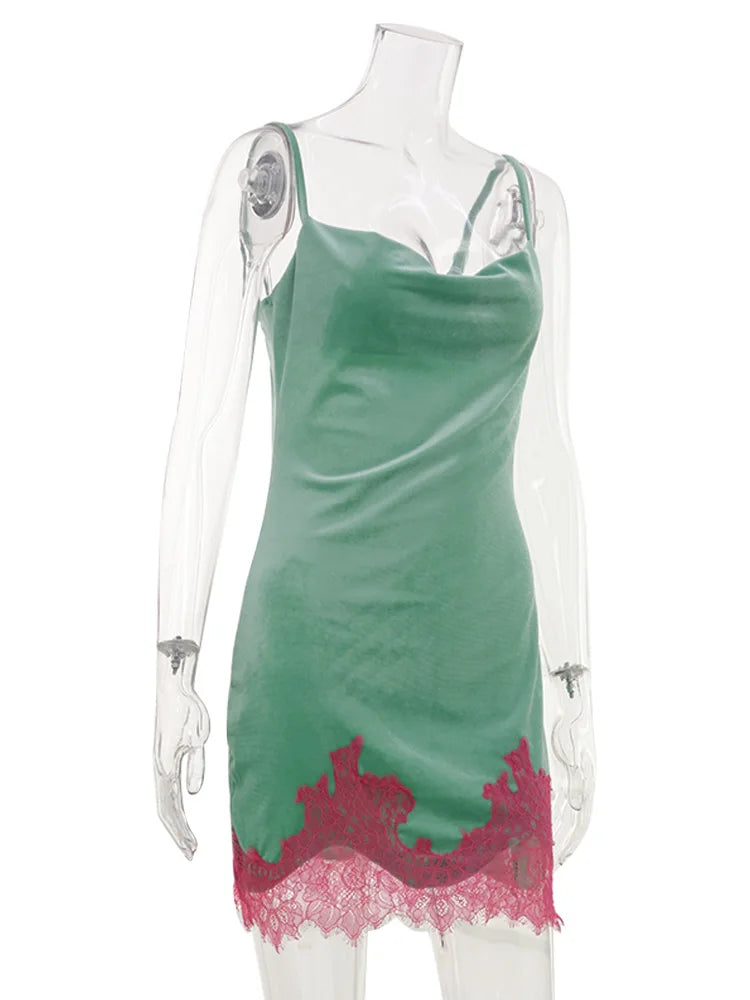 Annika Cowl-Neck Velvet Lace-Hem Cami Slip Mini Dress