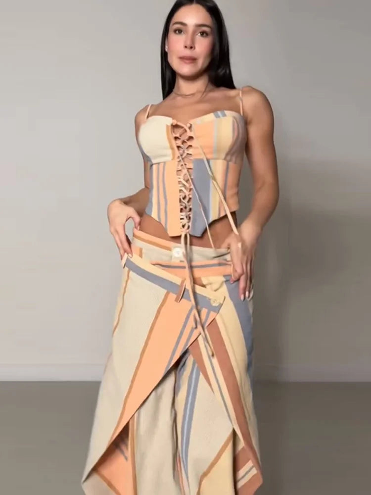 Valentina Striped Lace-Up Tube Top & Wrap Wide-Leg Pants Two-piece