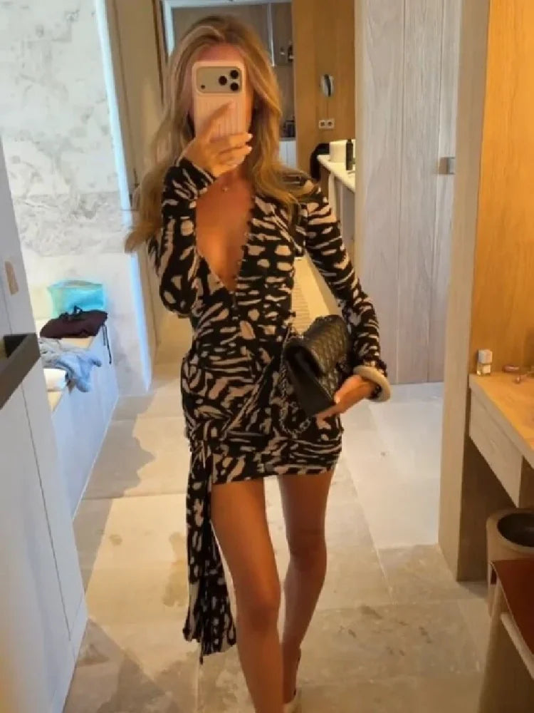 Sable Printed Plunge Wrap Mini Dress