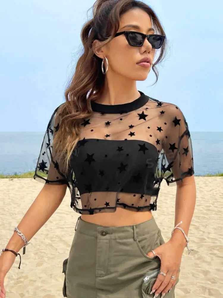 Stella Star-Embroidered Sheer Mesh Crop Top One-piece