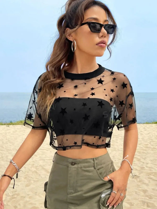 Stella Star-Embroidered Sheer Mesh Crop Top One-piece