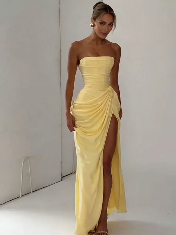 Marisol Strapless Pleated Split Maxi Dress