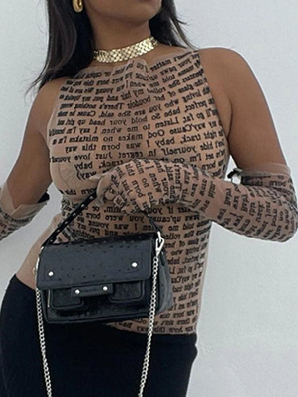 Echo Sheer Letter-Print Long-Sleeve Crop Top One-piece