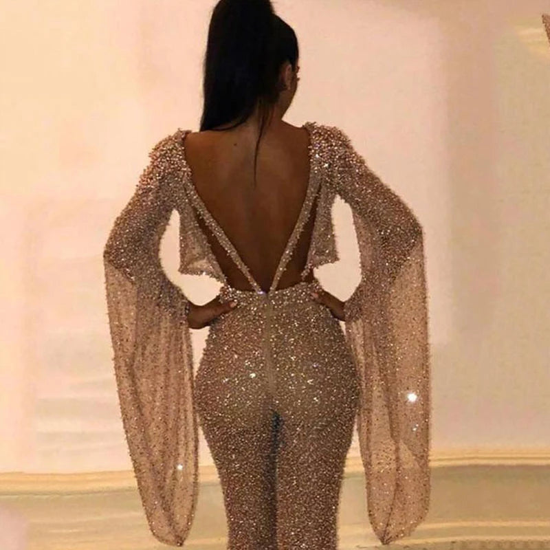Dobromila Gold Shimmer Cutout Flare-Sleeve Jumpsuit One-piece Secondary image