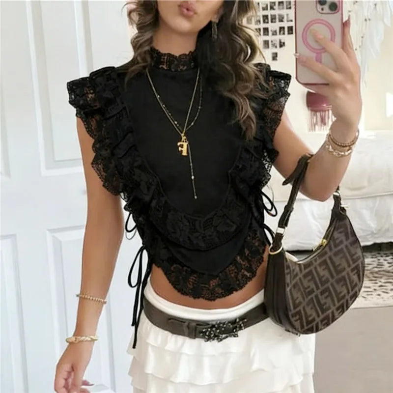 Paige Lace Ruffle Tie-Up Peplum Top